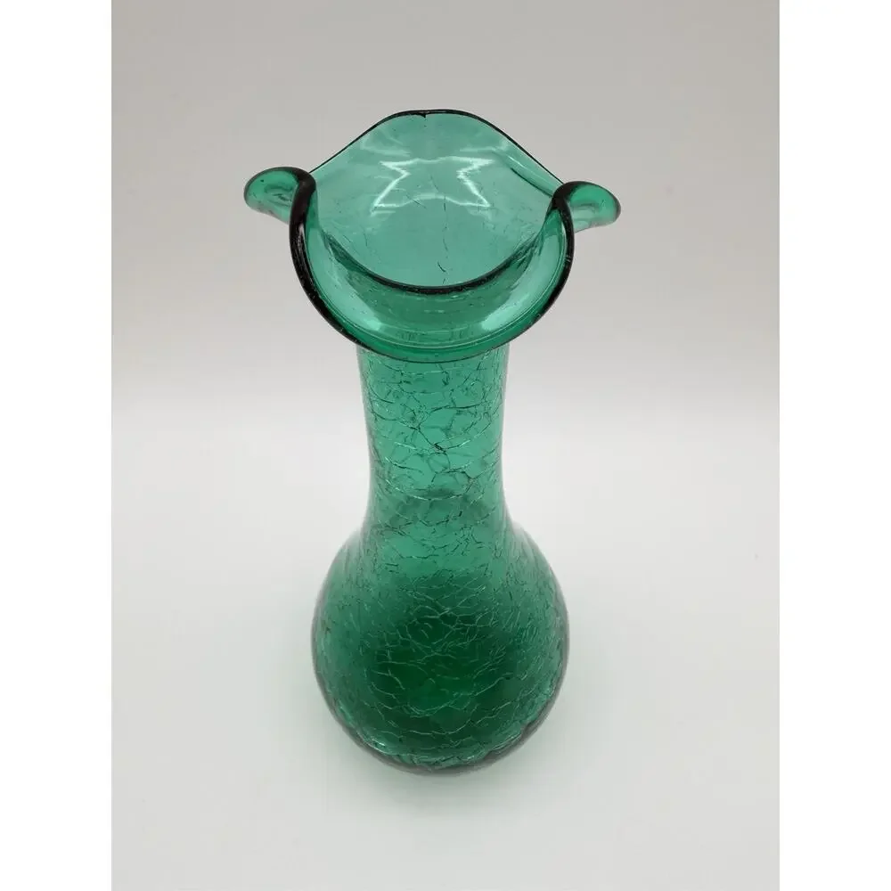 Hand Blown Emerald Green Crackle Glass Vase 7.5” Ruffled Rim Vintage Art Glass